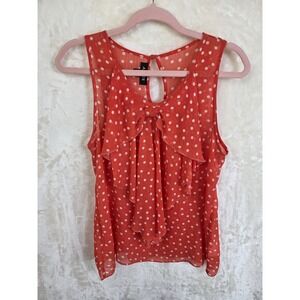 A. Byer Orange Red Polka Dot Ruffle‎ Bow Front Sleeveless Blouse Small